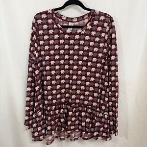 Elephant Print Tunic Top Burgundy Gray White Casual Peasant Style 2XL